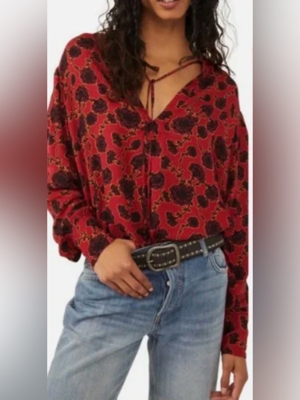 Free People - Mia Red Floral Boho Lightweight Tie Neck Long Sleeve Blouse SZ XS